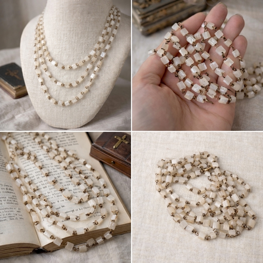 VINTAGE Beaded Necklace Opera Length Mother-of-Pearl Rosary Beads 55"